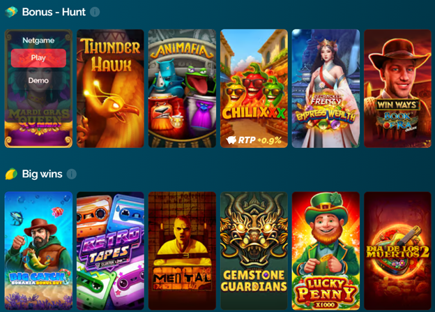 Bonus Hunt and Big Wins sections with game previews: Thunder Hawk, Animaha, Chili XXX, Freya Empress Wealth, Win Ways, Gemstone Guardians, Lucky Penny, Dia de los Muertos 2 and more