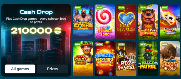 Cash Drop promo section — prize pool 210,000 UAH, with game grid: Rapid Strike, Bonanza 2500 (NEW), Heart Deluxe (NEW), Lucky Penny Shooter, Atomic Hot 100, Red Rascal, Buzz Patrol (NEW), Bison Rush (NEW)