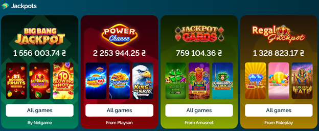 Jackpots section showing 4 jackpot pools: Big Bang Jackpot (1,556,003 UAH, Netgame), Power Chance (2,253,944 UAH, Playson), Jackpot Cards (759,104 UAH, Amusnet), Regal Jackpot (1,328,823 UAH, Roleplay)