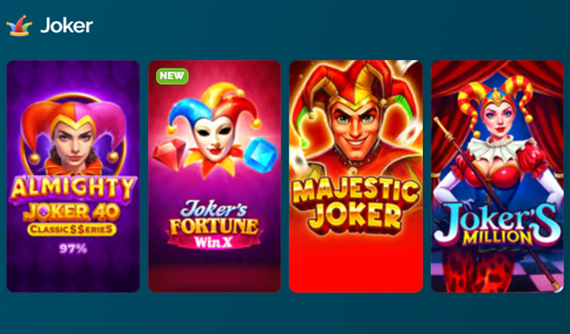 Joker game category featuring 4 games: Almighty Joker 40 Classic Series (97%), Joker's Fortune Win X (NEW), Majestic Joker, Joker's Million