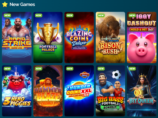 New Games section (all tagged NEW): Rapid Strike, Football Palace, Blazing Coins Deluxe Hold&Win, Starlight Bison Rush, Iggy Cashout Hold&Hit 3x3, 3 Hero Piggies, Hammer Blaze, Thunder Coins XXL, Big Bass Football Bonanza, Bit Queen
