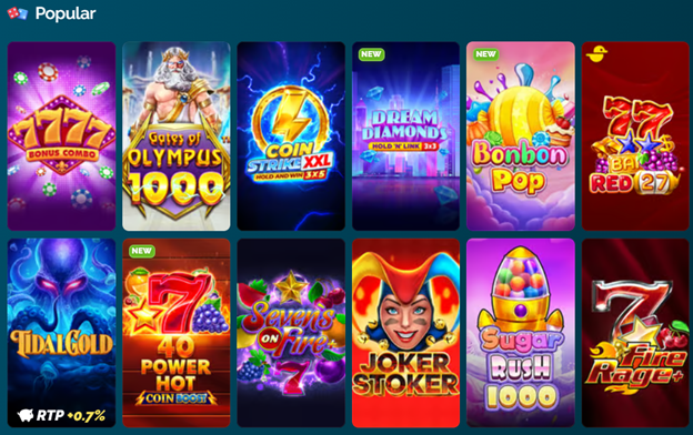 Popular games section (RTP +0.7%): 777 Bonus Combo, Gates of Olympus 1000, Coin Strike XXL, Dream Diamond, Bonbon Pop, 777 3P Red 27, Tidal Gold, 7 Power Hot, Savanna on Fire, Joker Stoker, Sugar Rush 1000, Fire Rage