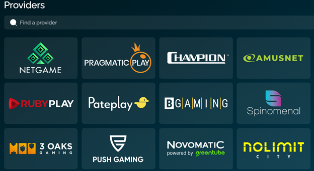 Providers section with logos: Netgame, Pragmatic Play, Champion, Amusnet, RubyPlay, Pateplay, BGaming, Spinomenal, 3 Oaks Gaming, Push Gaming, Novomatic (powered by Greentube), Nolimit City