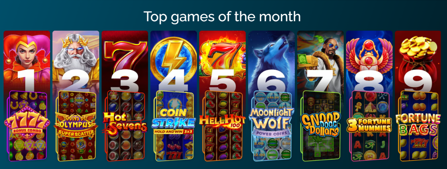 Top games of the month — ranked #1–9: 777 Bonus Combo, Gates of Olympus 1000, Hot Sevens, Coin Strike, Hell Hot, Moonlight Wolf, Snoop Dollars, 3 Fortune Mummies, Fortune Bags